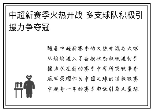中超新赛季火热开战 多支球队积极引援力争夺冠
