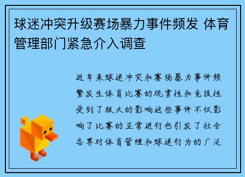 球迷冲突升级赛场暴力事件频发 体育管理部门紧急介入调查