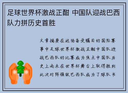 足球世界杯激战正酣 中国队迎战巴西队力拼历史首胜